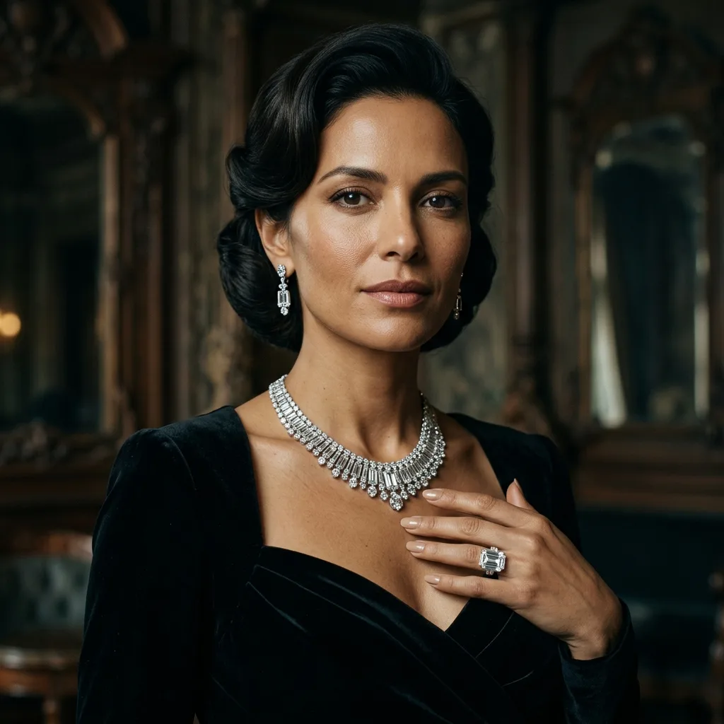 Model wearing layered Glamoria's Gems diamond and gold jewellery